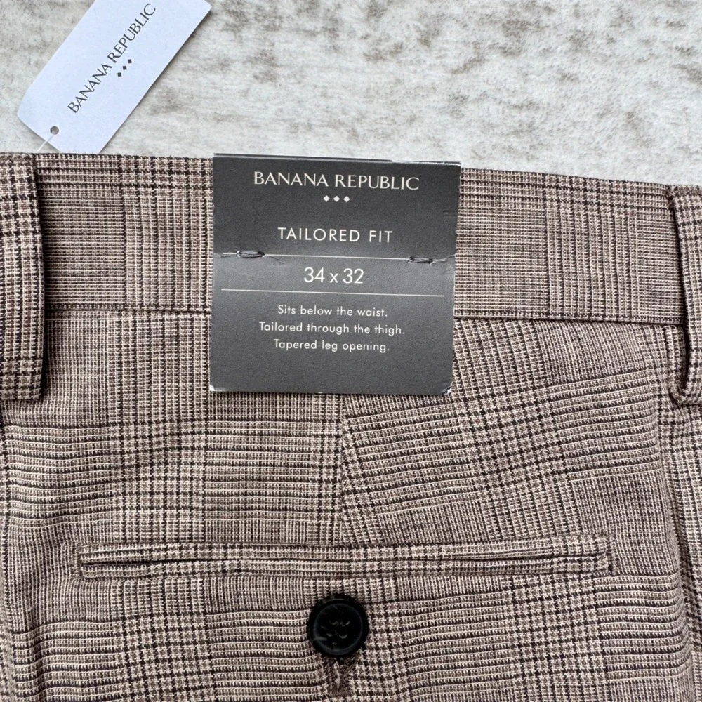 Banana Republic Mens Tailored Fit Glen Plaid Linen Blend Dress Pants Brown 34x32